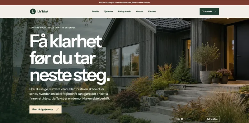 Forsiden til den fiktive Lia Takst-demoen med bilde av et hus og tydelig tjenestemeny