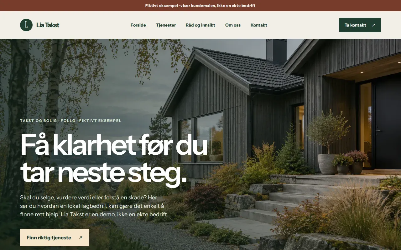 Desktopvisning av forsiden til eksempelkunden Lia Takst med tjenestemeny og hero-bilde